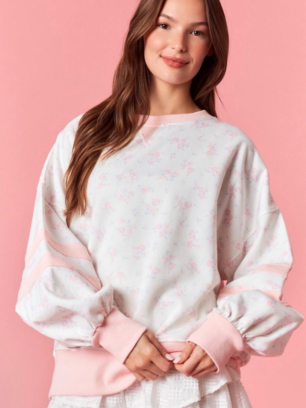 #2029. Peach Love CA Light Pink/Blue Floral Contrast Stripe Fleece Sweatsh - Picture 1 of 3